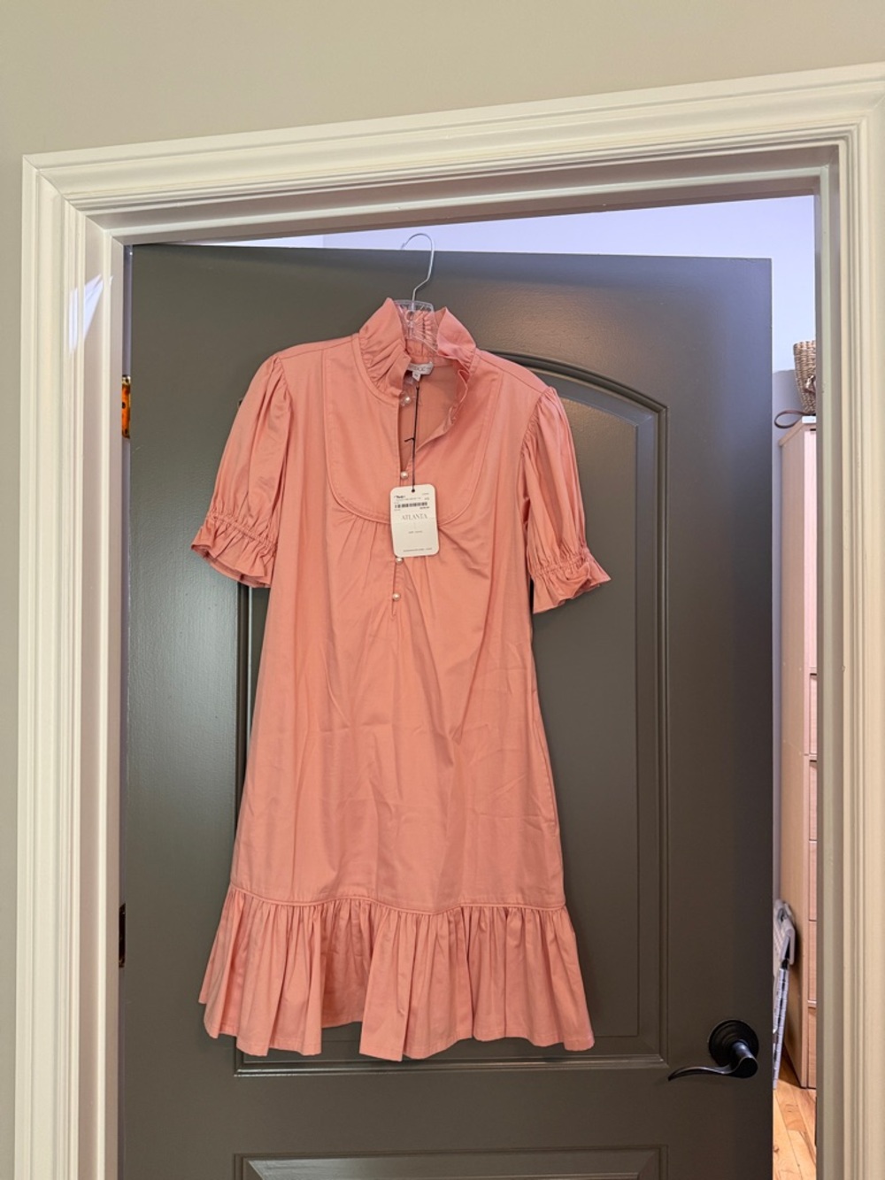 Ruffle-Trim Pink Mini Dress with High Collar